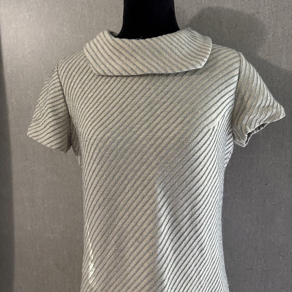Vintage 1960s Leslie Fay Knits Mod Mini Dress Silver Metallic Stripe